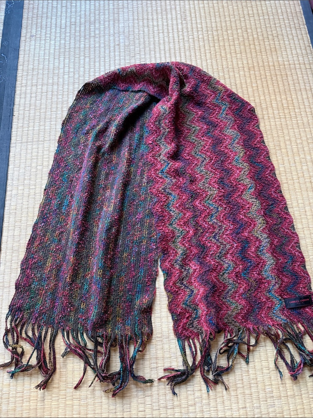 Charles Jourdan Multicolor Zigzag Knit Scarf in Berry & Teal Accents
